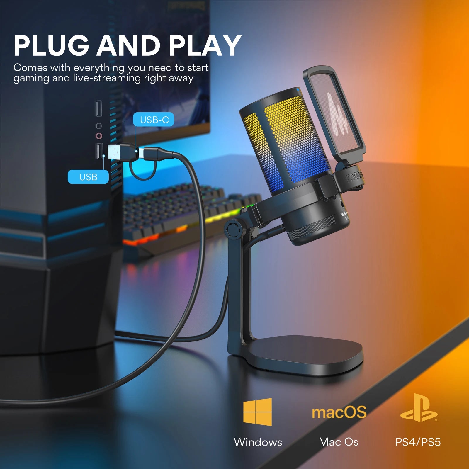 Maono DGM20 – USB Gaming Condenser Microphone | RGB Mic with Noise‑Reduction Software, Gain Control & One‑Key Mute for Streaming & Recording