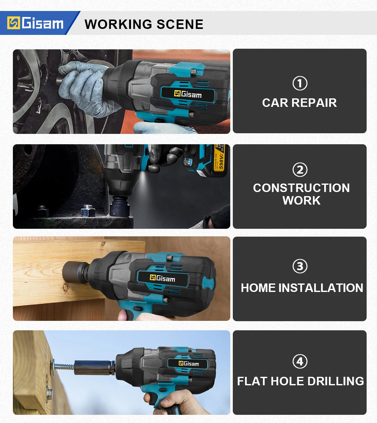 Gisam 3100N.M Torque Brushless Electric Impact Wrench 3/4 inch Cordless Electric Wrench Power Tool Compatible Makita 18V Battery