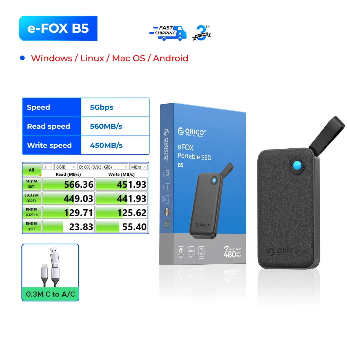 ORICO Portable External SSD – USB 3.2 Gen2 High‑Speed Solid State Drive