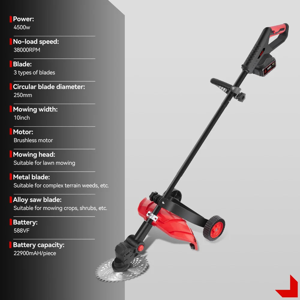 ONEVAN 10Inch Brushless Electric Lawn Mower 38000RPM Cordless 45° Grass Trimmer Garden Power Tool For Makita 18V Battery Pin