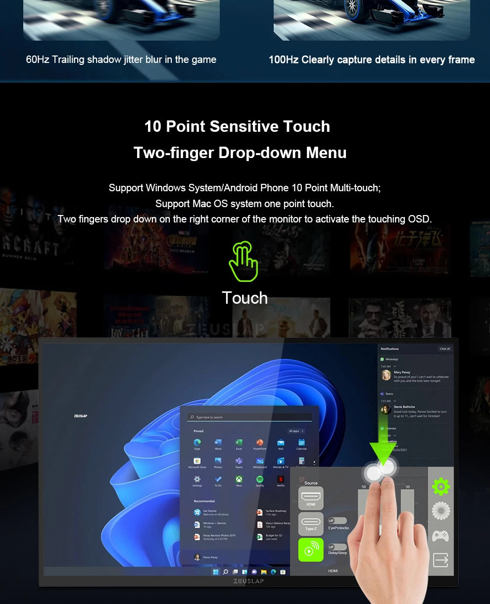 ZEUSLAP 18,5" pametni prenosni zaslon | Google TV, zaslon na dotik, USB‑C in HDMI