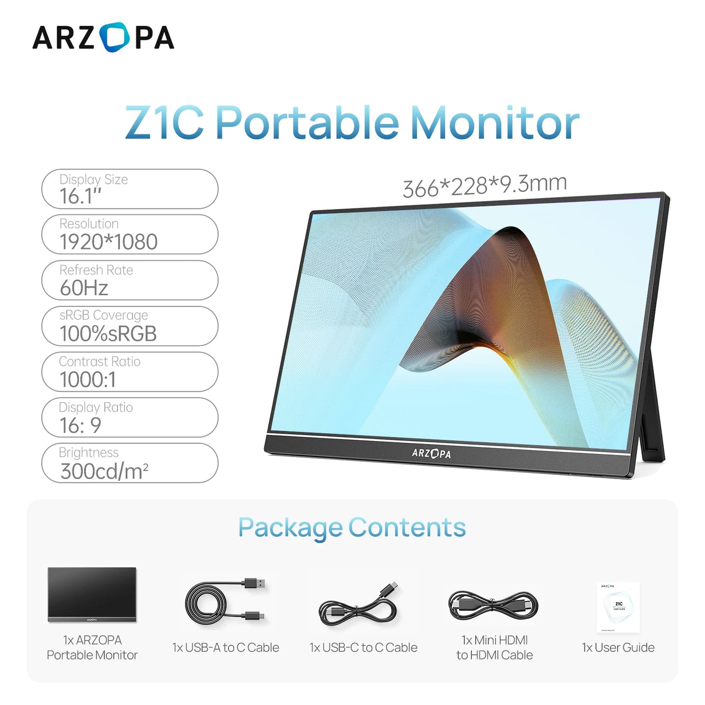 ARZOPA Z1C 16,1-palčni prenosni monitor | 1080P FHD, 100 % sRGB, IPS, USB-C in Mini HDMI