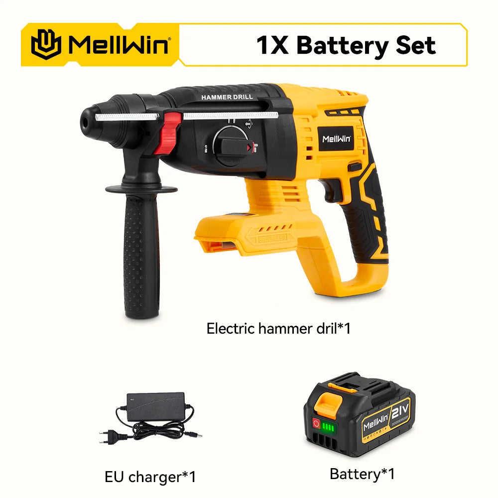 MELLWIN 26MM Brushless Electric Hammer Drill Cordless Household Rotary Impact Hammer Power Tool For Makita 18V Battery Pin - Limetastore