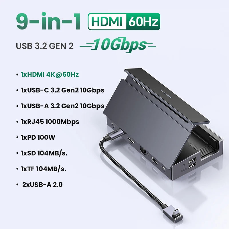 UGREEN 9‑Port Steam Deck Dock with 4K60Hz HDMI, RJ45 Ethernet, PD100W, USB‑A/C