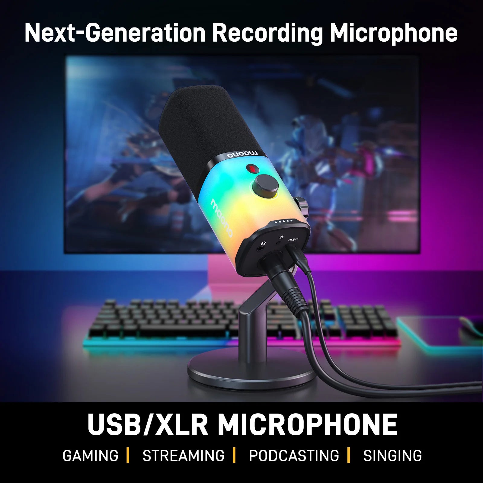 Maono PD100X – USB/XLR Dynamic RGB Gaming Microphone | Noise Reduction, Mute Button & Headphone Monitoring for Streaming & Podcasting