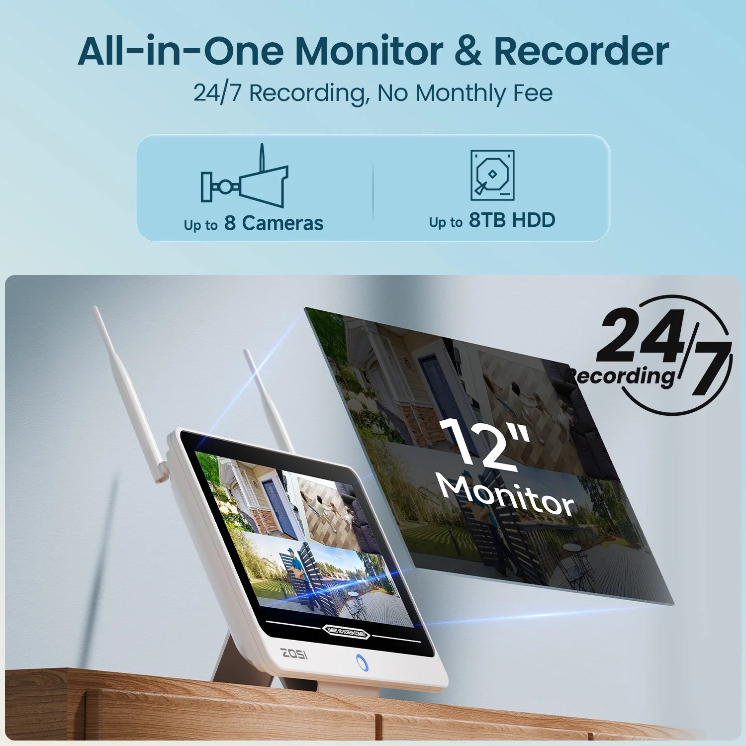 ZOSI 2K Wi‑Fi 6 8CH Security Camera System – 12'' LCD Monitor, 3MP Indoor/Outdoor Plug‑in WiFi Cameras