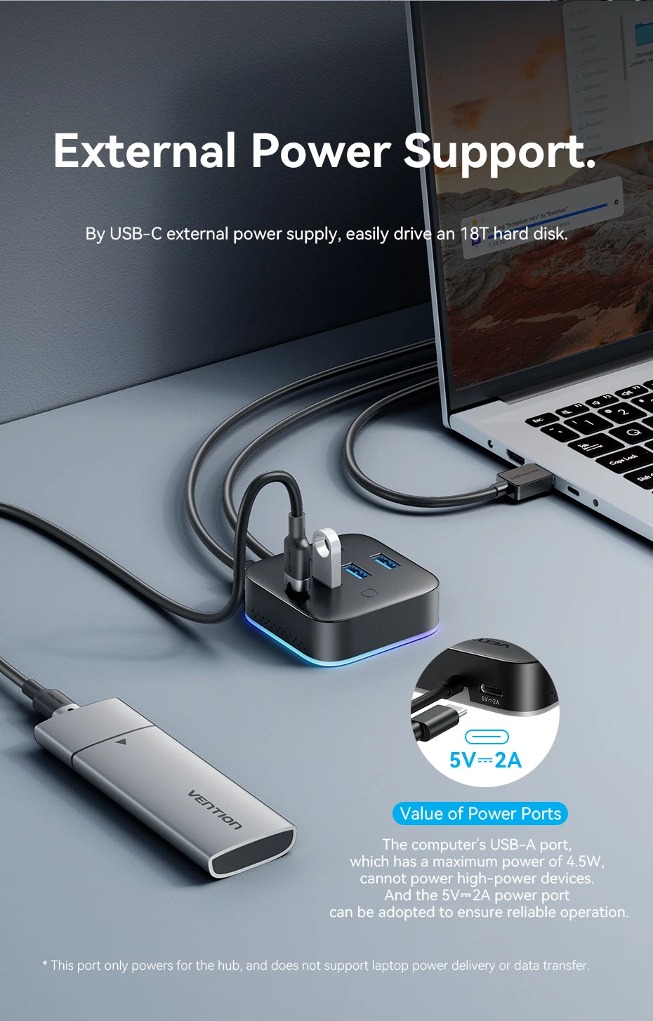 Vention USB 3.0 / USB‑C 3.2 Gen1 RGB Hub | 4‑Port 5Gbps Desktop Splitter for PC & Laptop