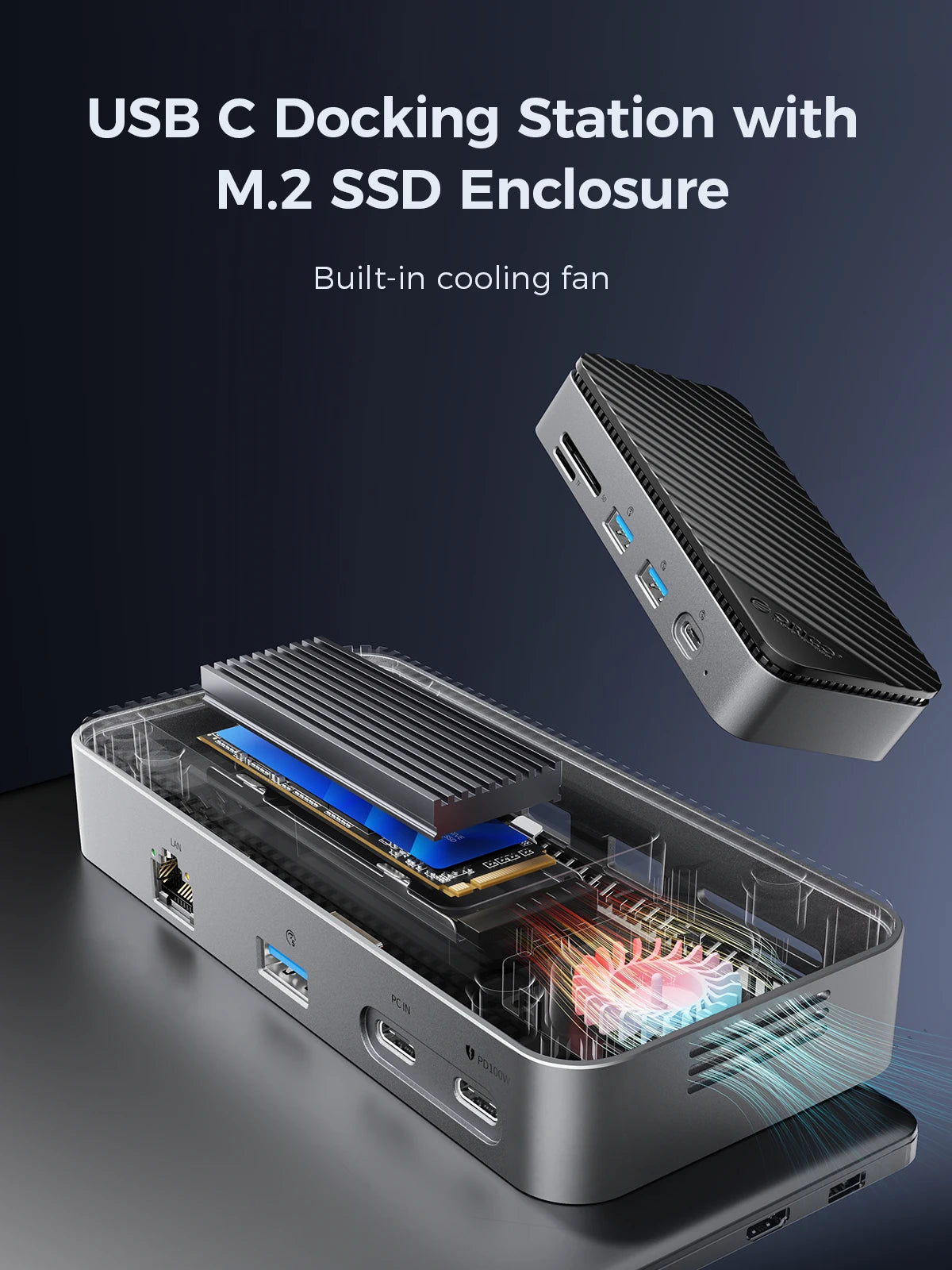 ORICO M2P7 USB‑C Hub with Cooling Fan, M.2 NVMe/SATA SSD Enclosure (10Gbps), 4K60Hz HDMI