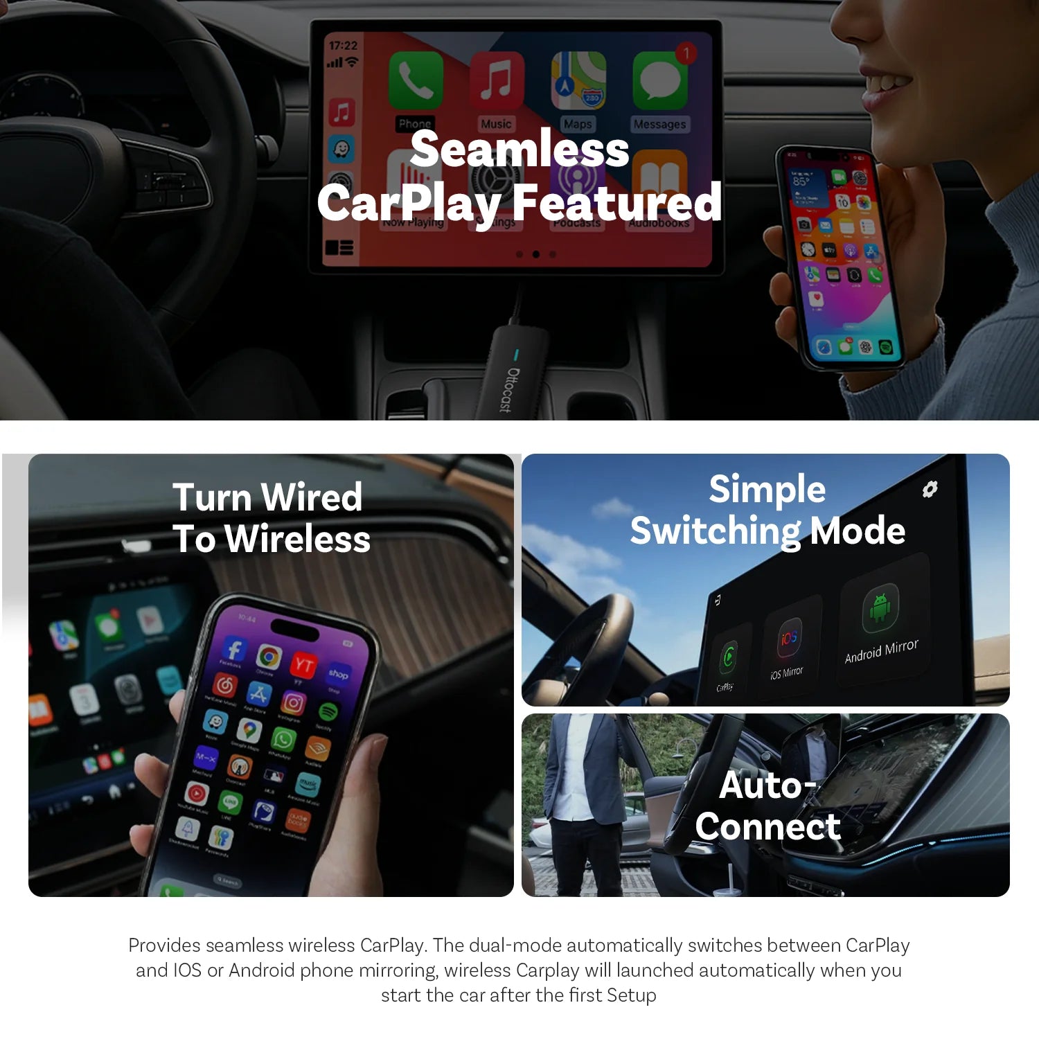 OTTOCAST Mirror Touch Bi‑Mirroring & Wireless CarPlay Adapter