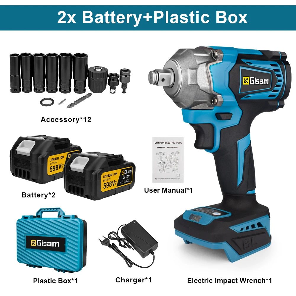 Gisam 1200N.m Torque Brushless Electric Impact Wrench 1/2 inch Cordless Wrench Screwdriver