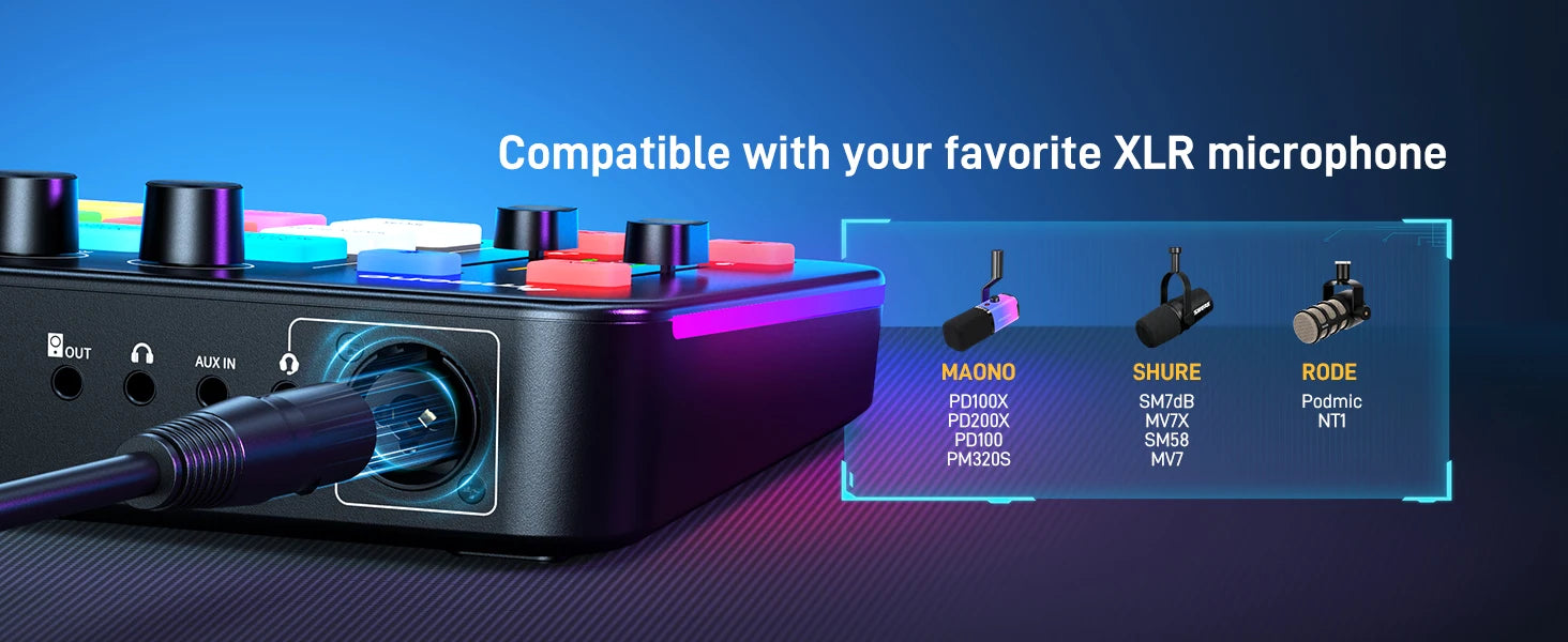 Maono G1 NEO – Gaming Audio Interface | 4‑Channel Mixer, Custom Sound Effects, RGB Lighting, XLR Input for Streaming & Podcasting