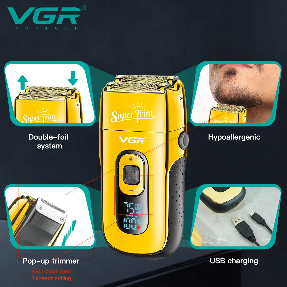 VGR Shaver Beard Trimmer Metal Twin Blade Shaving Machine Professional Rechargeable Usb Foil Electric Shaver Razor for Men V-332