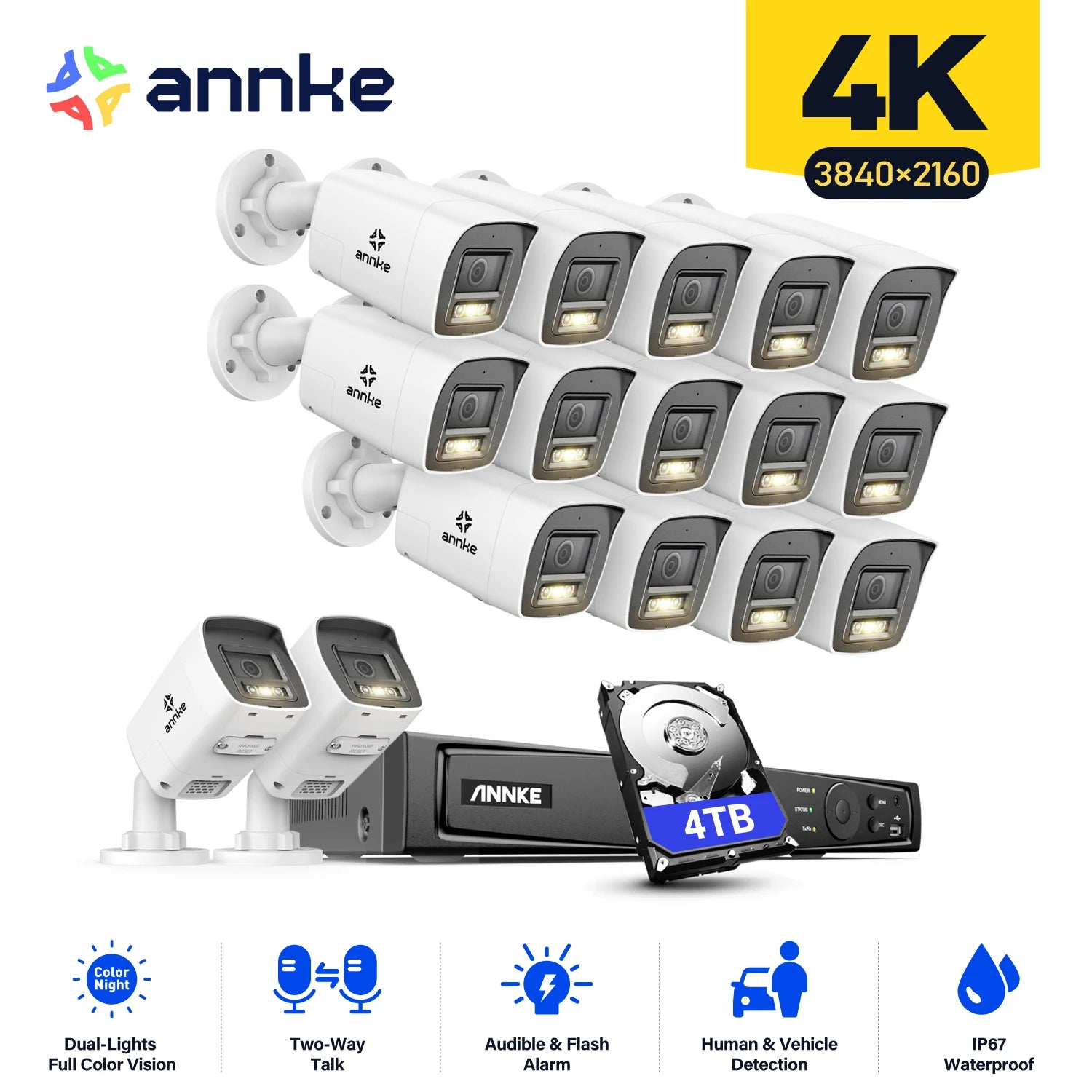 ANNKE 4K 8MP PoE CCTV System | 16CH NVR, Two‑Way Audio, Human & Vehicle Detection, 4mm Lens
