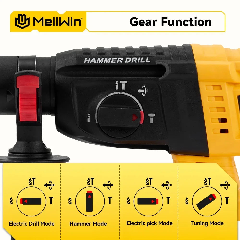 MELLWIN 26MM Brushless Electric Hammer Drill Cordless Household Rotary Impact Hammer Power Tool For Makita 18V Battery Pin - Limetastore