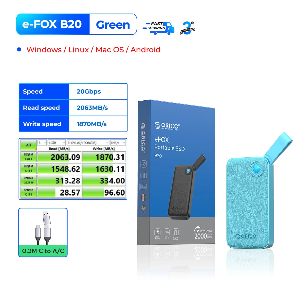 ORICO 2TB Ultra‑Mini Portable SSD – Up to 2000MB/s USB 3.2 Gen 2x2 External Solid State Drive