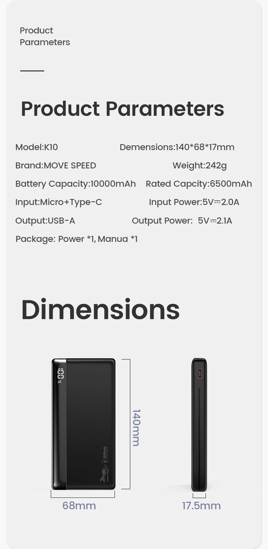 MOVESPEED K10 prenosna baterija 10000 mAh, dvojna vrata USB A, hitro polnjenje, velika zunanja baterija za iPhone 15 Pro, Samsung S23, Xiaomi 14