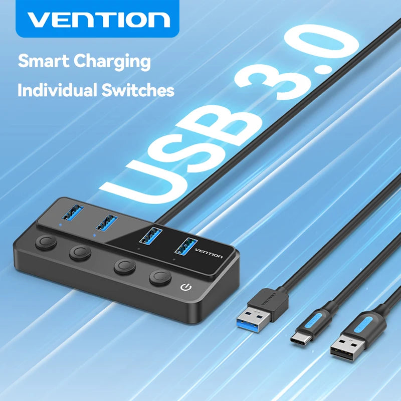 Vention USB 3.0 HUB with Individual Switches | 5Gbps High‑Speed USB‑A Port Extender