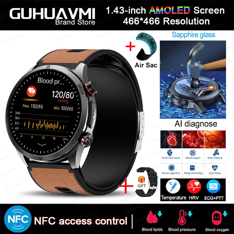 2026 New NFC Precision Blood Pressure Measurement Health Smart Watch Air Pump Airbag Men Women Blood Fat Uric Acid Smartwatches - Limetastore