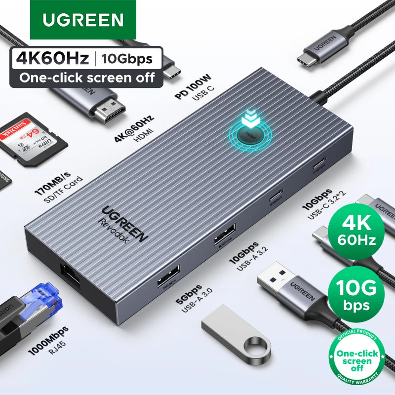 UGREEN 10Gbps USB‑C Hub with 4K60Hz HDMI, Gigabit RJ45, PD100W, SD/TF & USB‑A/C Ports