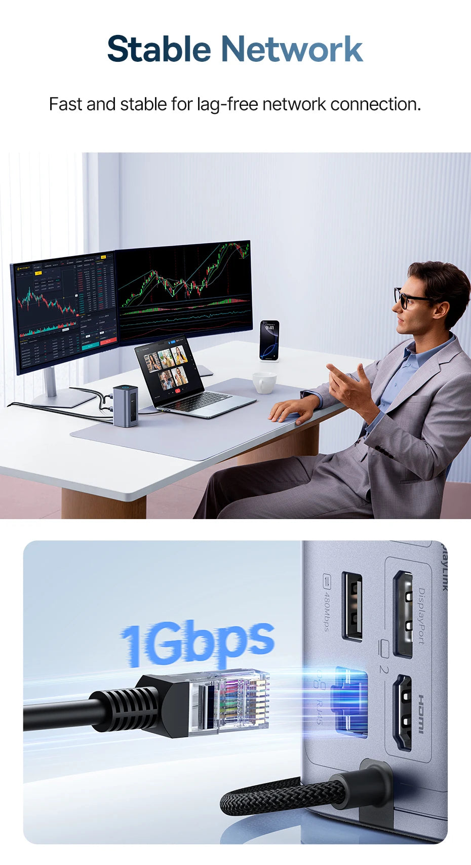Baseus 12‑in‑1 USB‑C HUB | DisplayPort + HDMI 4K@60Hz MST, USB 3.2, RJ45, PD 100W Docking Station