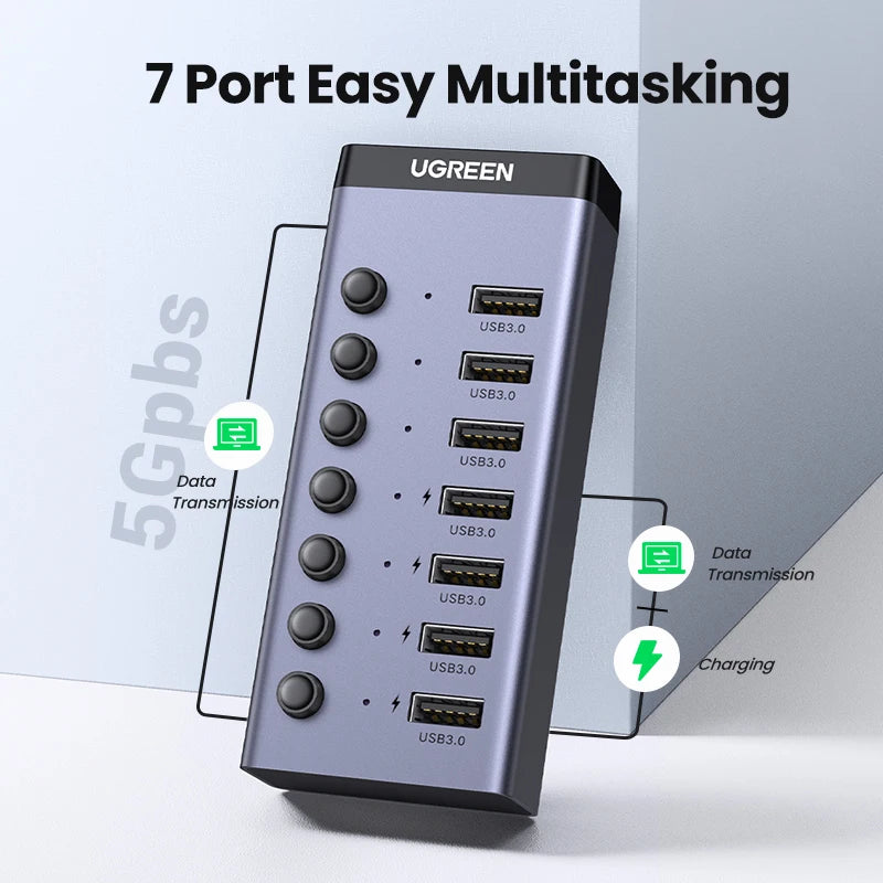 UGREEN 7‑Port USB 3.0 Hub with Individual Power Switches, 5Gbps High‑Speed Data