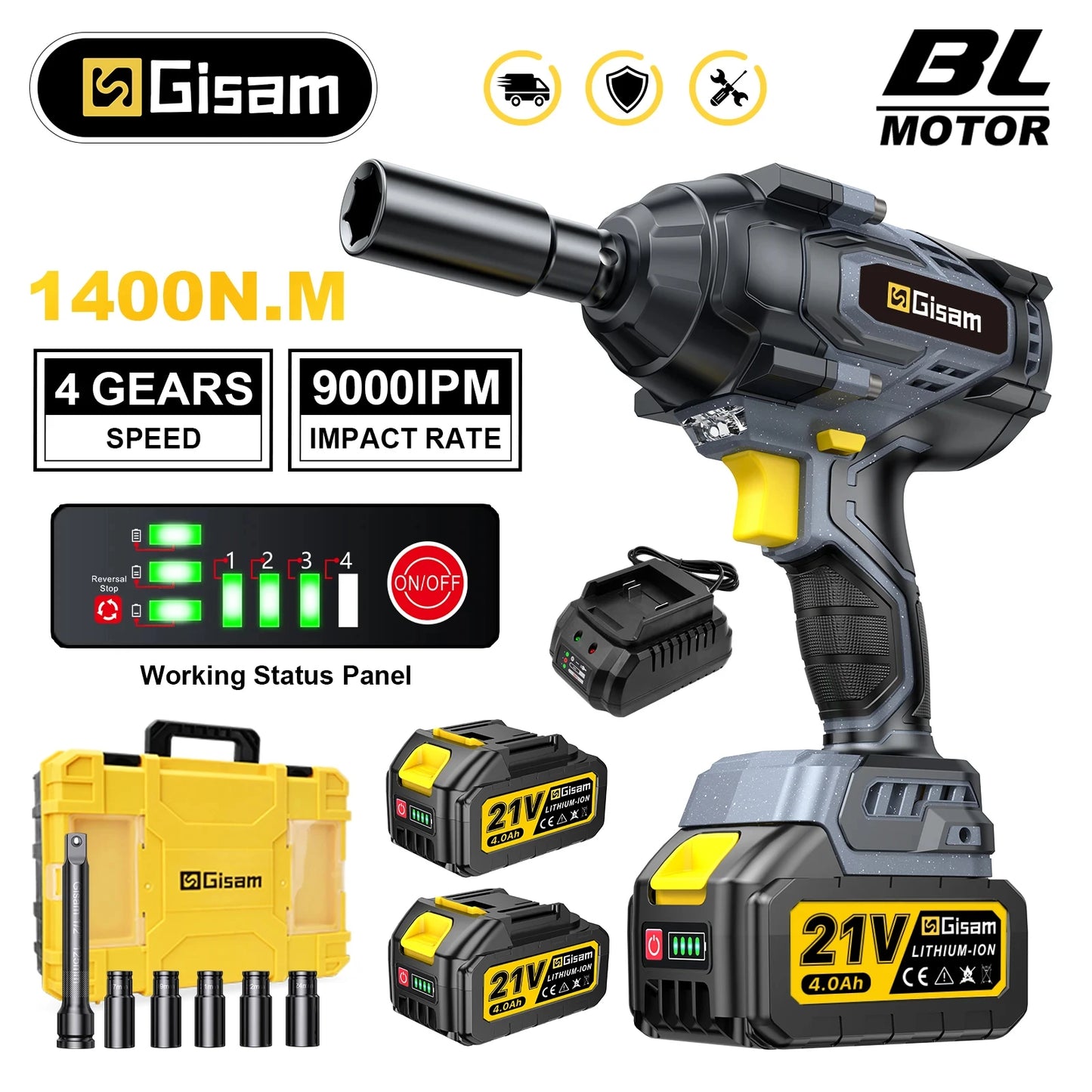 Gisam 1400N.m Brushless Impact Wrench 1/2"