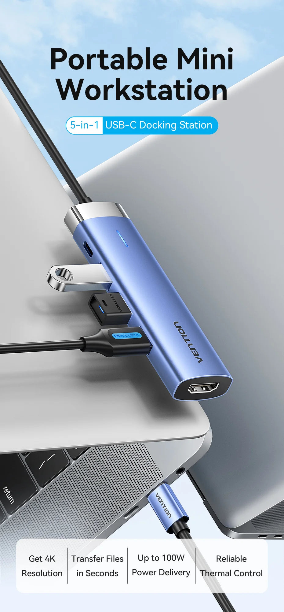 Vention USB‑C 5‑in‑1 Hub | HDMI 4K, PD 100W, USB 3.0 5Gbps Docking Station