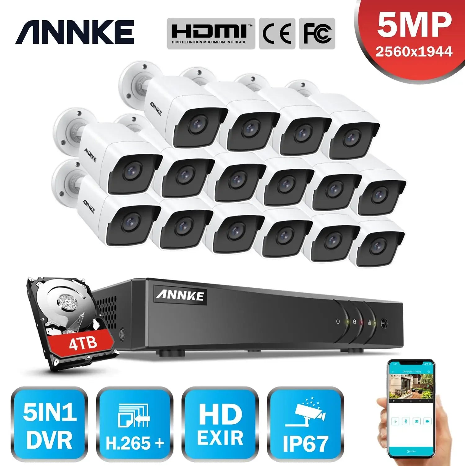 ANNKE 5MP Ultra HD CCTV System | 16CH H.265+ DVR, 16× 5MP EXIR Cameras, Outdoor Surveillance