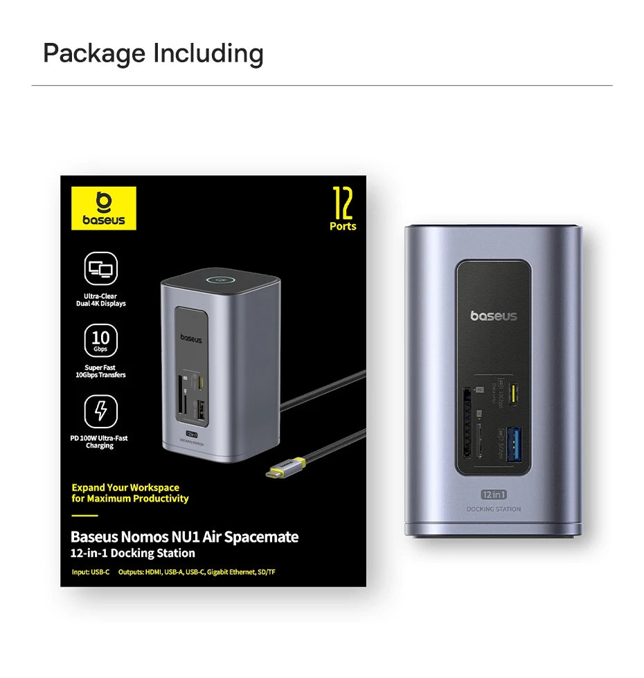 Baseus 12‑in‑1 USB‑C HUB | DisplayPort + HDMI 4K@60Hz MST, USB 3.2, RJ45, PD 100W Docking Station