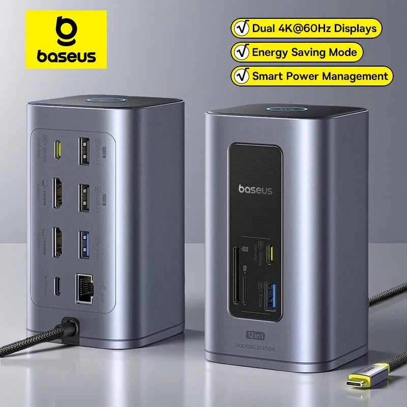Baseus 12‑in‑1 USB‑C HUB | Dual HDMI 4K@60Hz, USB 3.2, RJ45, SD/TF, PD 100W Docking Station