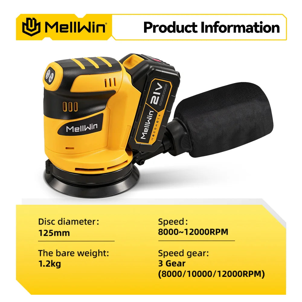 MELLWIN 125MM Electric Orbital Sander 3 Speeds Adjustable Cordless Grinding Sanding Polishing Machine For Makita 18V Battery Pin - Limetastore