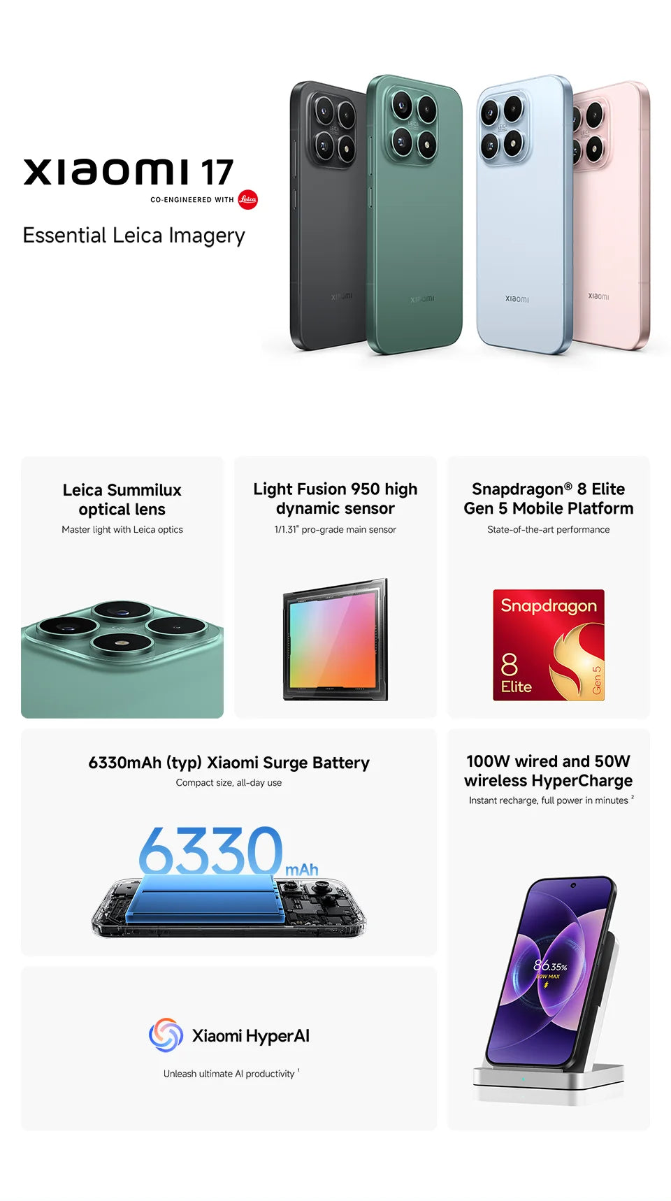 World Premiere Global Version Xiaomi 17 Smartphone 5G Snapdragon® 8 Elite Gen 5 CPU Leica Camera 6330mAh 100W HyperCharge 6.3" OLED Display - Limetastore