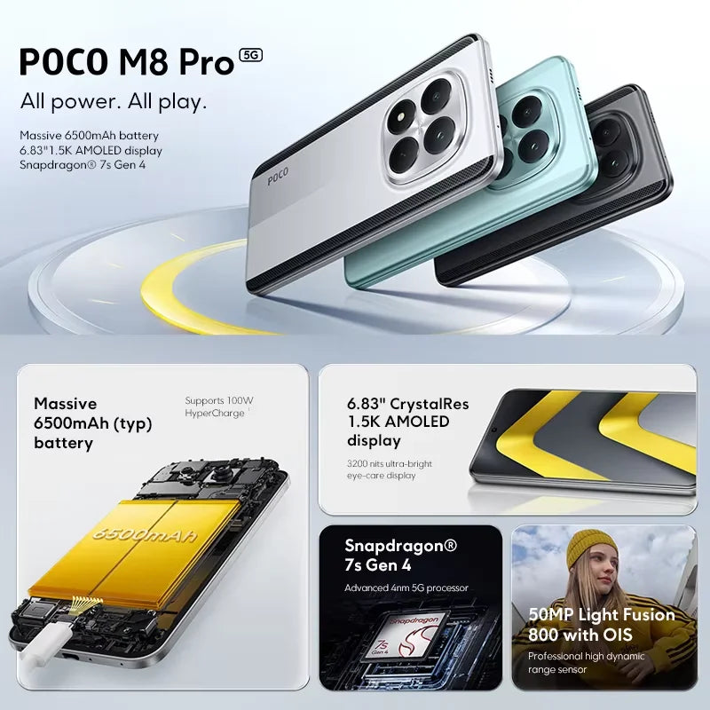 【World Premiere】 POCO M8 Pro 5G Smartphone Global Version Snapdragon 7s Gen 4 6.83" 1.5K 120Hz display 6500mAh battery 100W NFC - Limetastore