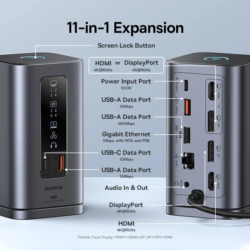 Baseus 11‑in‑1 USB‑C Hub | DP 4K@60Hz, HDMI, Triple Display, RJ45, PD 100W, USB 3.1 Docking Station