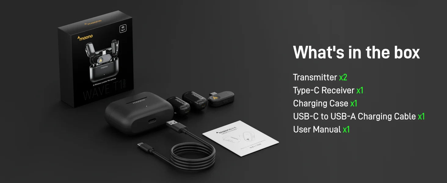 Maono T1 mini – Wireless AI Noise‑Cancelling Clip‑On Microphone | Auto‑Clipping & App Control for Professional Phone Video Recording
