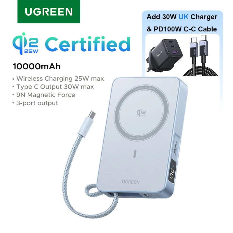 UGREEN Qi2.2 25W Magnetic Power Bank – 10000mAh Fast Charging External Battery