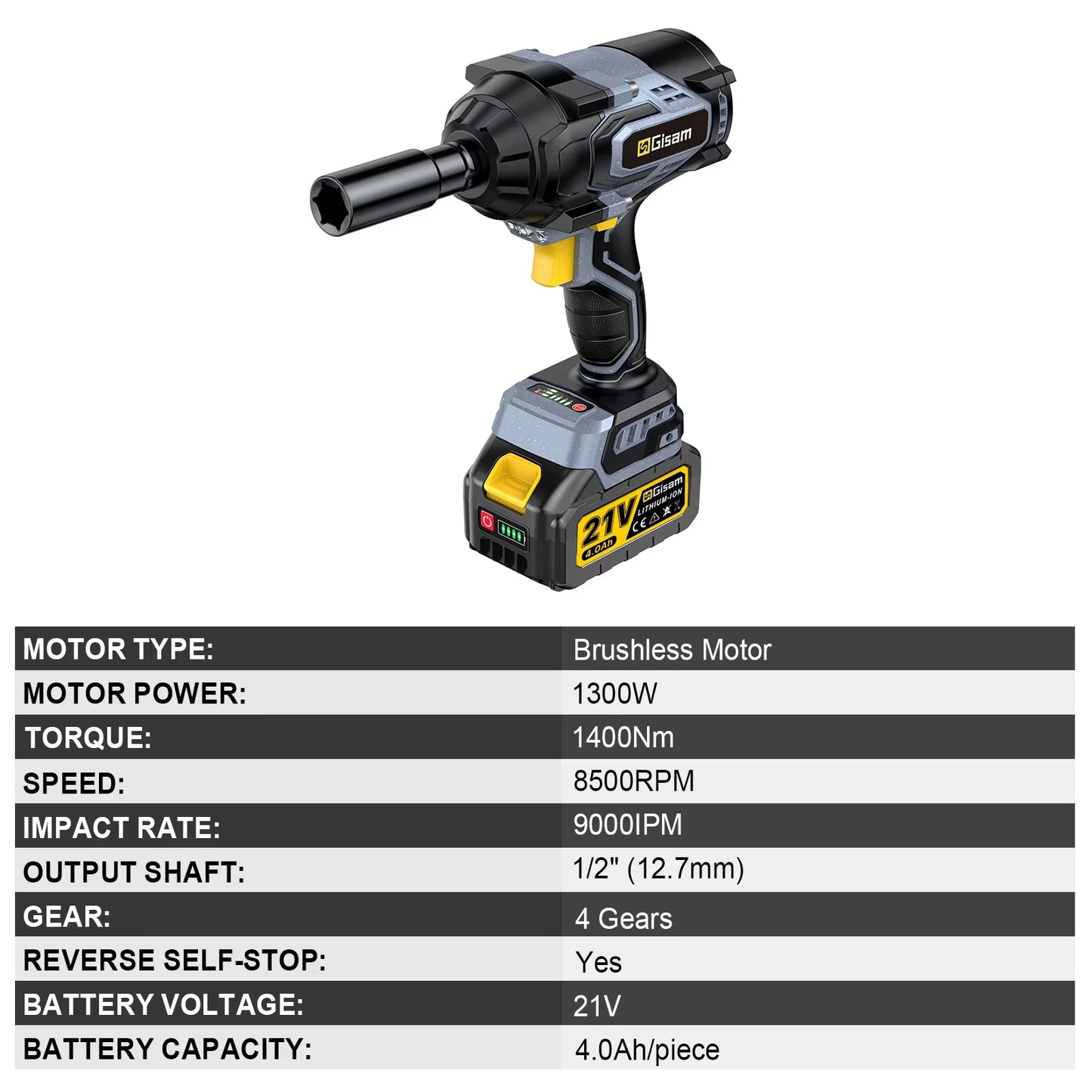 Gisam 1400N.m Brushless Impact Wrench 1/2"