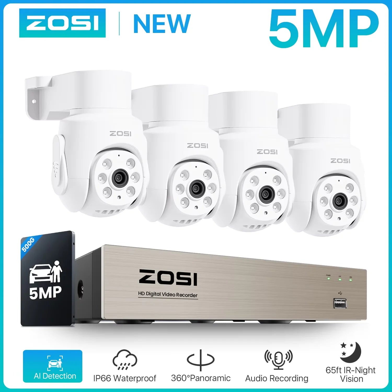 ZOSI 5MP 360° Pan‑Tilt Wired Security Camera System – 8CH H.265+ DVR with 5MP/2MP Indoor & Outdoor