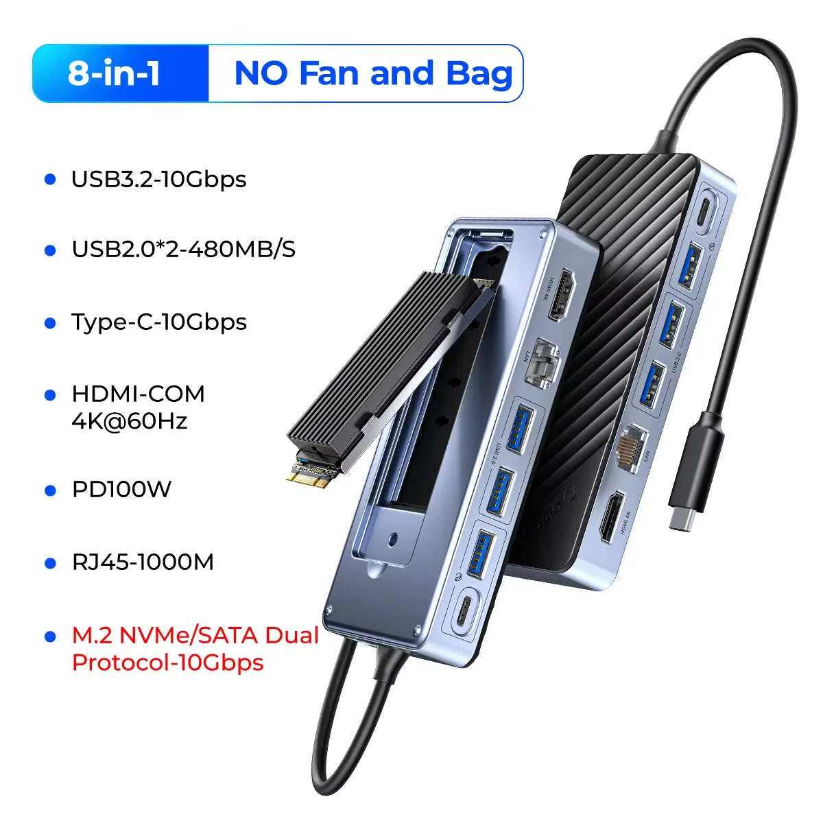 ORICO 10Gbps USB‑C Display Hub with M.2 NVMe/SATA SSD Enclosure, Cooling Fan, 4K60Hz HDMI