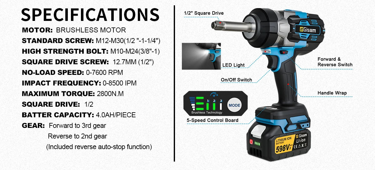 Gisam 2800N.m Brushless Impact Wrench 1/2"