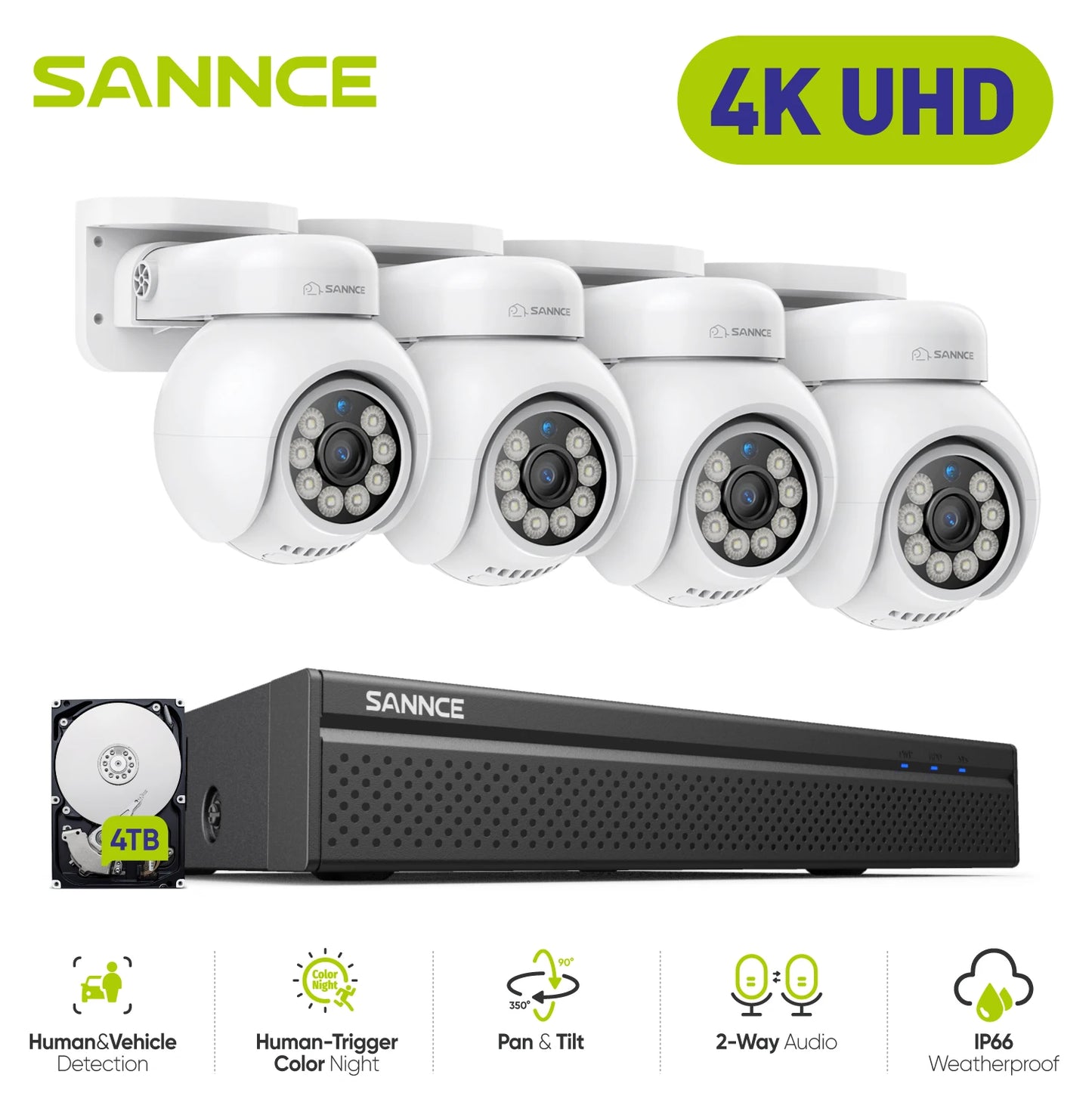SANNCE 4K 8MP PoE CCTV System | 8CH NVR, Human Detection, Smart Tracking, Full‑Color Night Vision, ONVIF