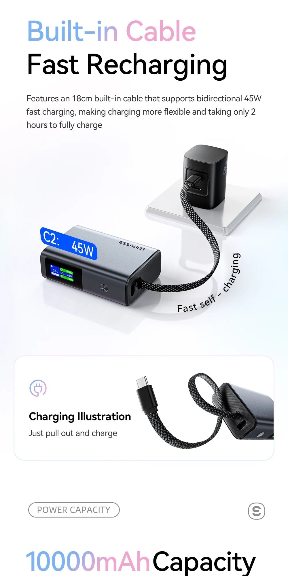 ESSAGER 45W Power Bank 10000mAh with Built-in USB-C Cable