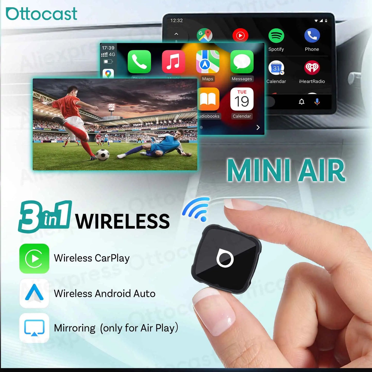 OTTOCAST 3‑in‑1 Mini Air Dongle Wireless CarPlay Adapter