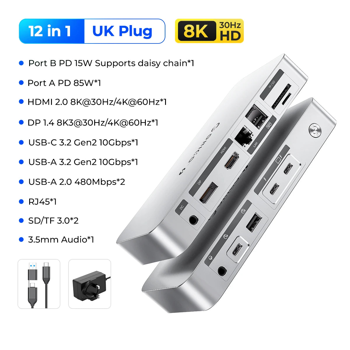 ORICO Thunderbolt 4 USB‑C Docking Station with 8K30Hz HDMI, USB 3.2 Gen2 Hub & Type‑C Splitter