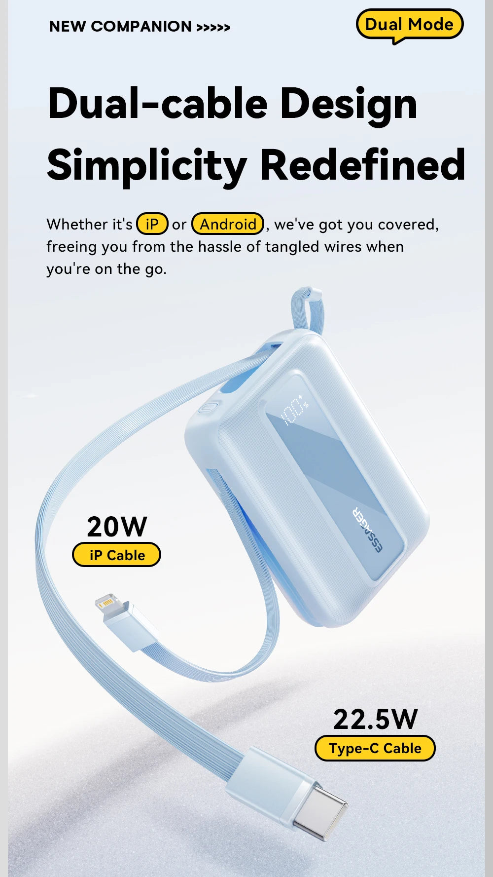 ESSAGER Mini Power Bank 20000mAh with Cables 22.5W PD