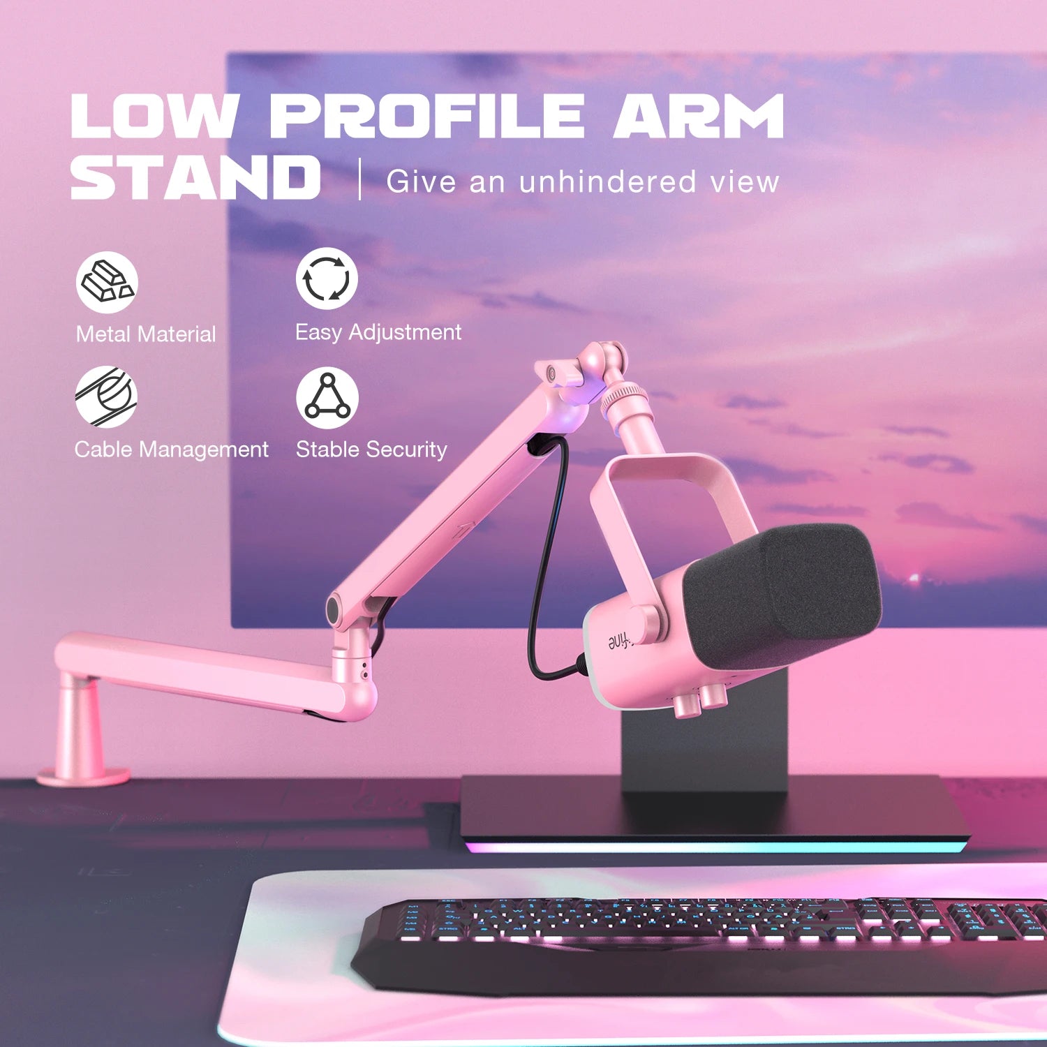 FIFINE BM88P Pink Low Profile Mic Boom Arm | Professional Metal Stand