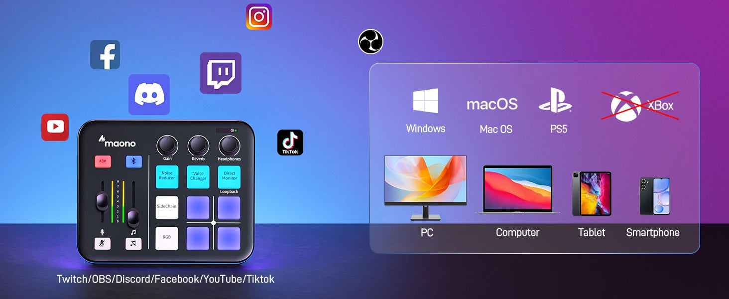 Maono G1 NEO – Gaming Audio Interface | 4‑Channel Mixer, Custom Sound Effects, RGB Lighting, XLR Input for Streaming & Podcasting