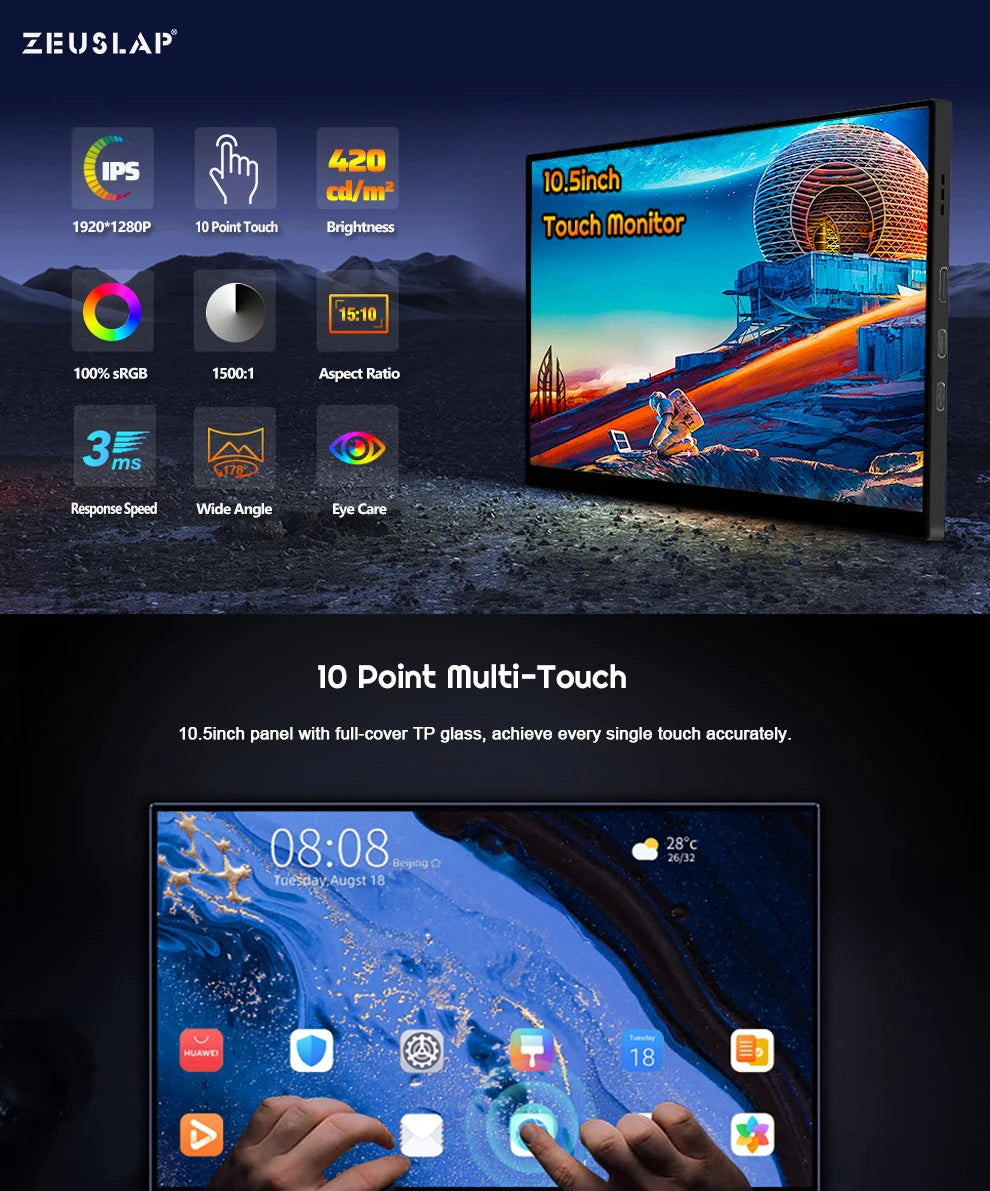ZEUSLAP 10.5" Portable Touch Monitor | 1920×1280 FHD, 100% sRGB, IPS, Type‑C & HDMI