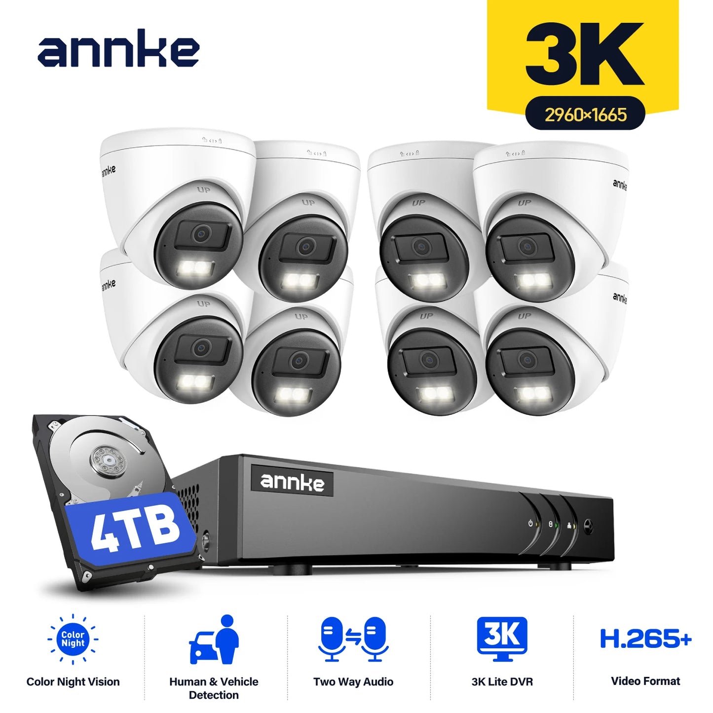 ANNKE 3K CCTV System | 5‑in‑1 8CH DVR, 5MP Dome Cameras, Color Night Vision