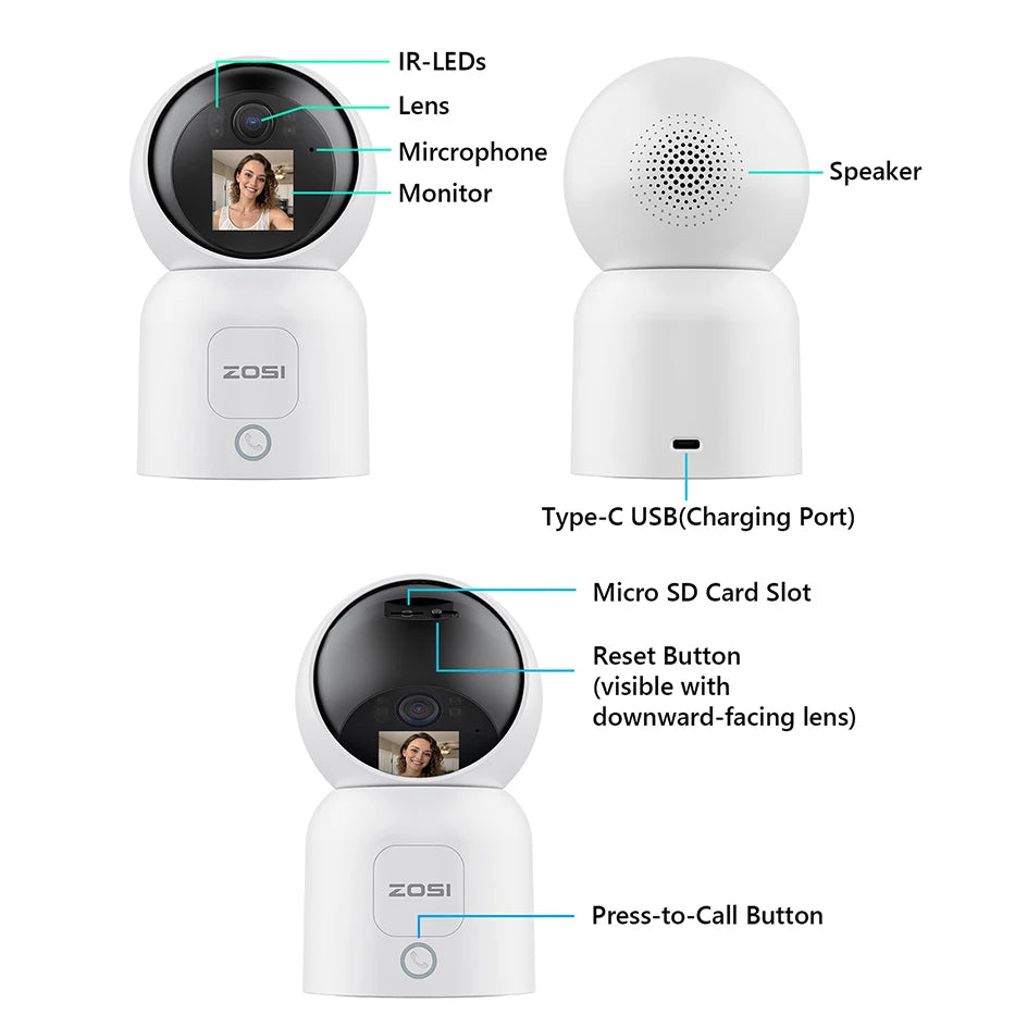 ZOSI 360° PTZ Smart Home Security Camera – Auto‑Tracking Indoor WiFi Baby & Pet Monitor with AI Detection & HD Night Vision